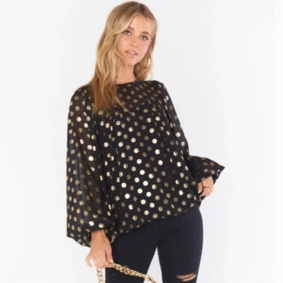 SHOW ME YOUR MUMU Long Sleeve Black Top Gold Polka Dot Bishop Sleeves Size M - Picture 3 of 16